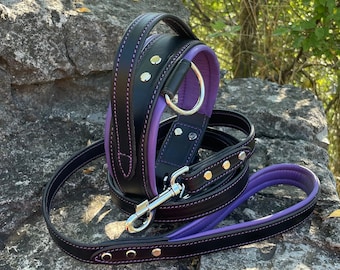 Set composto da collare e guinzaglio in pelle con manico, colore viola. Collare imbottito largo, ideale per cani di taglia grande come Doberman, Cane Corso, Rottweiler, Mastino e Pastore Tedesco.