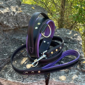 Handle Leather Dog Collar and Leash Set Purple, Wide Padded Collar for Large Dog, Doberman, Cane Corso, Rottweiler, Mastiff, German Shepherd