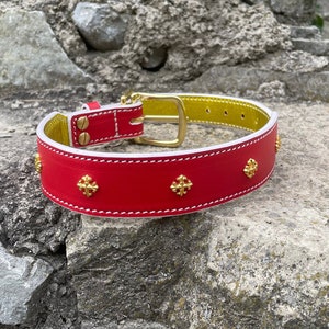 Luxury Red Leather Dog Collar with Golden Decorations