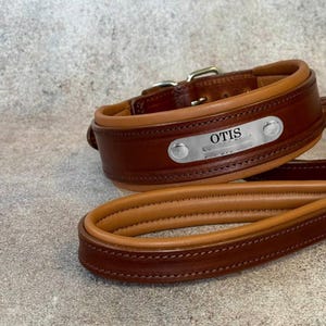 Puede incluir: Un collar y una correa para perros de cuero marrón. El collar presenta una placa con el nombre "OTIS" en plata. El conjunto tiene un diseño de dos tonos con detalles y costuras en marrón claro.