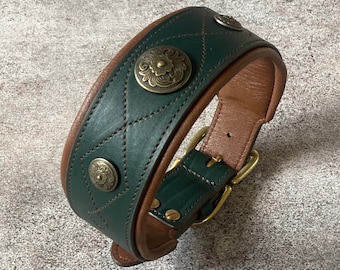 Luxury Dog Collar Green Leather with Ornaments 2 inch Wide Collar for Large Dogs, cane Corso, Mastiff, Doberman, Retriever, Great Dane