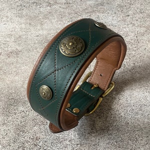 Luxury Dog Collar Green Leather with Ornaments 2 inch Wide Collar for Large Dogs, cane Corso, Mastiff, Doberman, Retriever, Great Dane