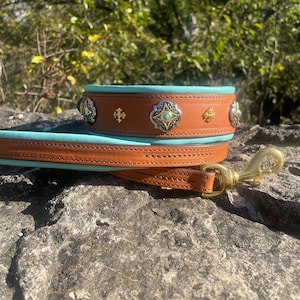Turquoise Leather Dog Collar and Leash Set, Wide Leather Dog Collar with Stones and Golden Ornaments, Padded Handle Leather Dog Leash