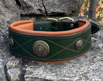 Grünes Leder Hundehalsband für große Hunde, breites gepolstertes Halsband, Luxushalsband mit Conchos, große Hundehalsbänder, Dobermann, Cane Corso, Schäferhund