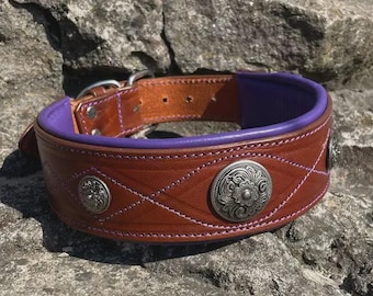 May include: A brown leather collar with a purple interior lining and purple stitching. The exterior features a diamond-patterned embossed design and three circular silver-toned metal concho accents with floral detailing along the center.