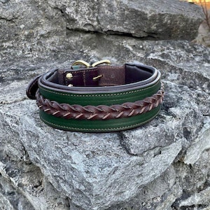 Luxury Green Leather Dog Collar Braided, Wide Padded Large Dog Collar, Custom Collars, Doberman, Cane Corso, Shepherd, Mastiff, Great Dane