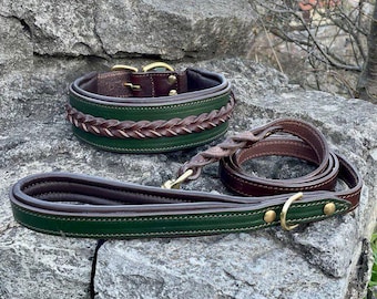 Set esclusivo di collare e guinzaglio per cani in pelle verde, collare intrecciato per cani, collare fatto a mano per razze di grandi dimensioni, Doberman, Cane Corso, Bulldog