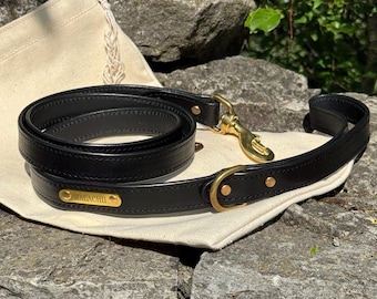 Leather Dog Leash with Handle Ring, Personalized Name Tag, Handmade Heavy Duty Leash for Large Dogs