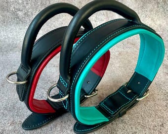 Leather dog collar with handle, 2 inch padded training collar for large dogs, black collar with red lining, heavy duty stainless steel