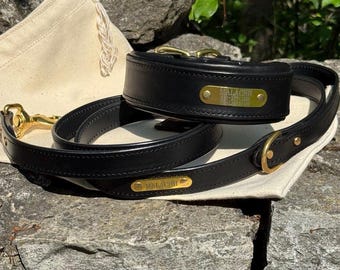 Personalized Leather Dog Collar and Leash Set, Matching Padded Collar & Leash with Brass Name Plates, Heavy Duty Leather Dog Set