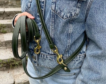 Green Leather Multi Purpose Dog Leash, Multifunctional Dog Leash, Genuine Leather, Hands Free Dog Lead