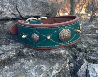 Green Leather Dog Collar Large, Padded Leather Collar with Ornaments, Designer Dog Collar, Spiked Dog Collar, Solid Brass Buckle, Conchos