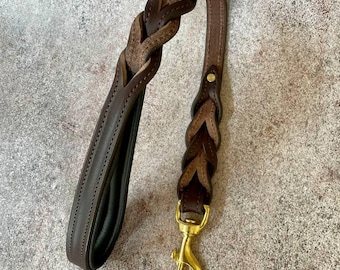 Leather Traffic Lead with Padded Handle, Short Dog Leash 18" 24" 33" with Braided Ends, Soft Nappa Lining & Solid Brass Hardware