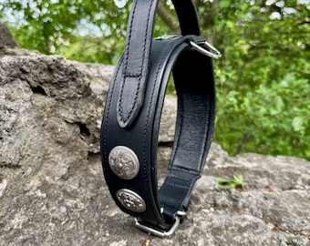 Personalized Leather Dog Collar with Handle & ID Tag, Black Padded Tactical Collar for Large Breeds, Custom Cane Corso Doberman Collar