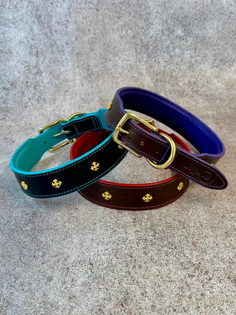 May include: Three leather collars with gold-tone metal buckles and hardware. One collar is black with a turquoise interior, one is dark brown with a red interior, and one is dark brown with a purple interior. Each features small gold cross studs.