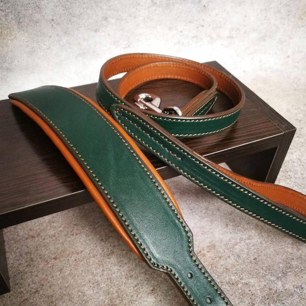 Emerald Green Leather Dog Collar and Leash Set, Padded Leather Matching Dog Collar and Leash, Green and Caramel Learher Dog Leash and Collar