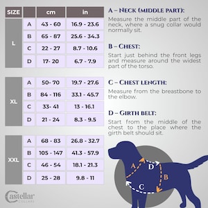 Pode incluir: Uma tabela de tamanhos de coleiras para c&atilde;es, com medidas em cent&iacute;metros e polegadas. A tabela inclui medidas de pesco&ccedil;o, peito, comprimento do peito e cinto de circunfer&ecirc;ncia para os tamanhos L, XL e XXL. Um diagrama de c&atilde;o ilustra os pontos de medi&ccedil;&atilde;o.