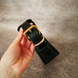 May include: A black leather dog collar with a gold metal buckle.