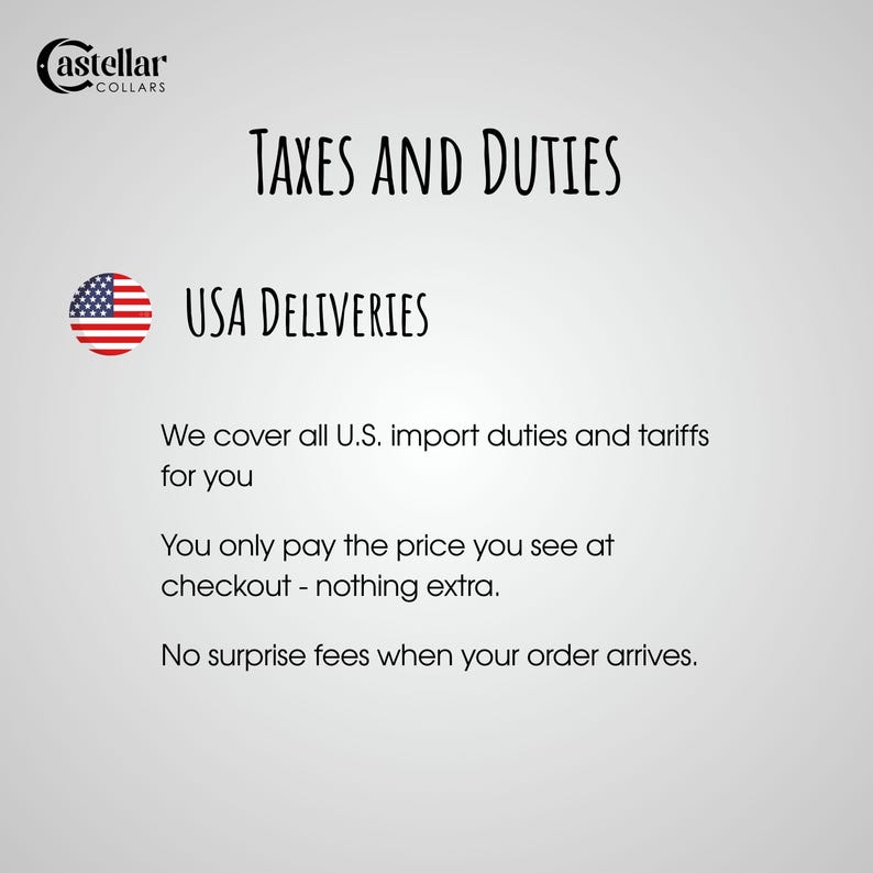Pode incluir: Imagem com o texto "TAXES AND DUTIES" e "USA DELIVERIES". O texto afirma que os direitos e impostos de importa&ccedil;&atilde;o s&atilde;o cobertos e que o pre&ccedil;o no checkout &eacute; o pre&ccedil;o final. Sem taxas surpresa na chegada.