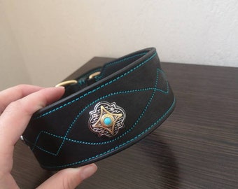 Leather Dog Collar, Dog Collar, Turquoise Dog Collar, Stylish/Unique Dog Collar, Wide Leather Dog Collar, Decorated Dog Collar, Handmade