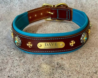 Personalized Brown Leather Dog Collar, Turquoise Padded Lining, Solid Brass Hardware & Ornaments, Wide Engraved Nameplate for Large Dogs