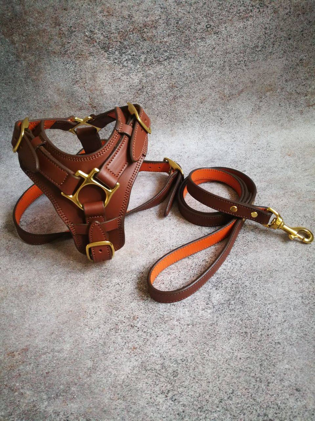 Brown Leather Dog Harness and Leash, Matching Dog Harness and Leash
