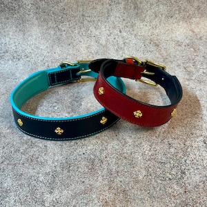 May include: Two leather dog collars. One is black with a turquoise interior and gold-colored accents. The other is red with a black interior and gold-colored accents. Both collars have gold-colored decorative studs and buckles.