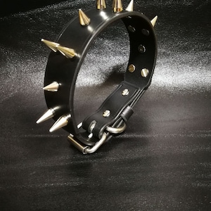 Black Leather Spiked Dog Collar with stainless steel buckle and welded ring, pitbull spiked leather dog collar