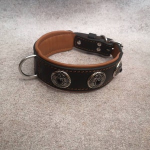 Luxury Leather Dog Collar with Black Stones Metal Conchos Padded, Stylish Black Caramel Leather Dog Collar Decorated for Medium Large Dogs