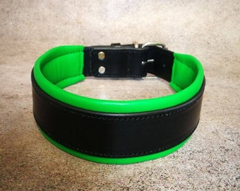 Ready Made Black Dog Collar with Green Padded, Big Dog Comfortable Heavy Duty Collar with soft padding, Green Dog Collar Quality Leather