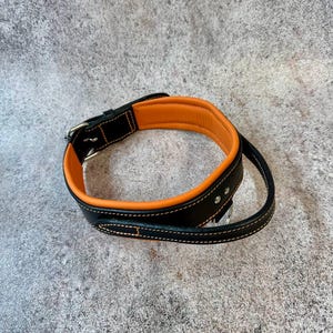 May include: Black and orange dog collar with a stainless steel buckle. The collar is made of leather and features white stitching. The interior of the collar is orange, and the exterior is black.