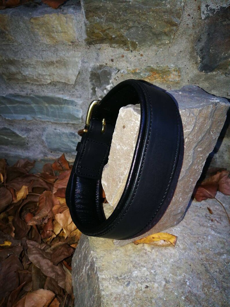 May include: A black leather dog collar with a brass buckle. The collar is thick and padded, displayed on a light-coloured stone. The background features a stone wall and fallen leaves, creating a rustic aesthetic.