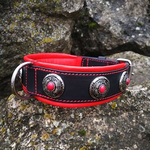 Red Stones Leather Dog Collar Padded with Red Leather and  Studded with Exclusive Designer Silver Conchos, 2 in wide decorated dog collar