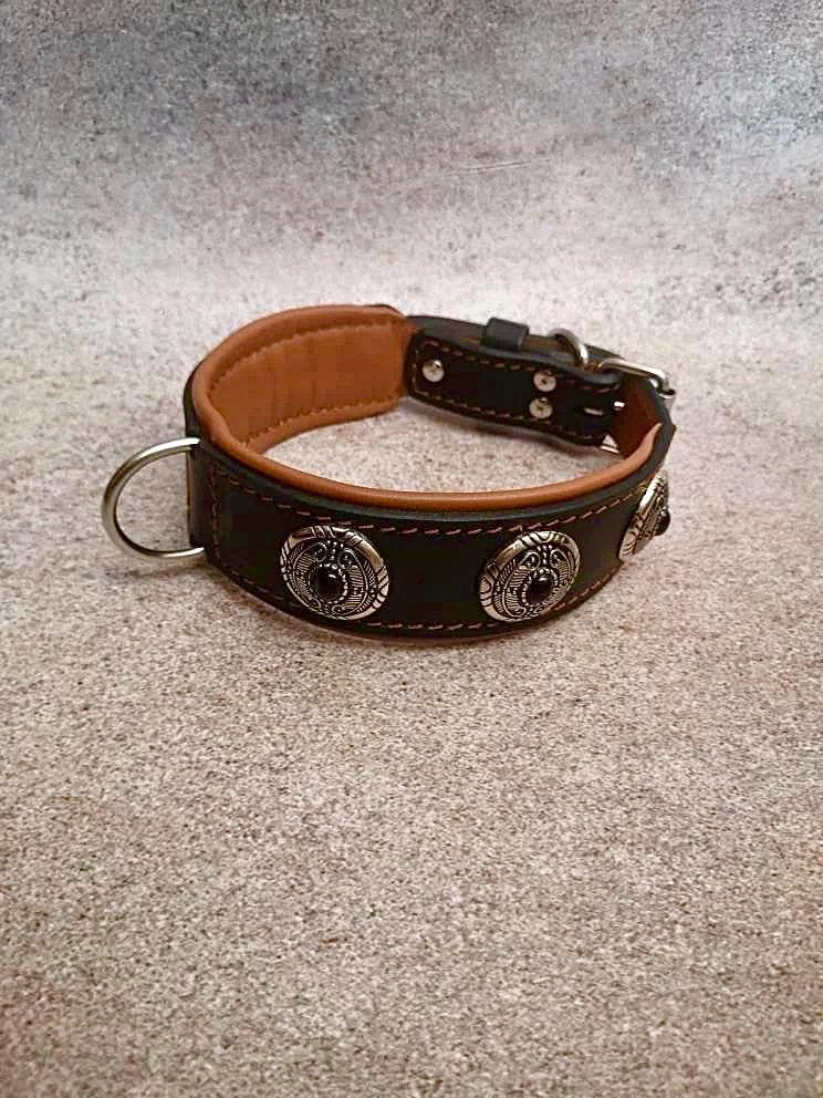 Luxury Padded Leather Dog Collar With Black Stone Conchos, Caramel For Medium Large Dogs, Stainless Steel Buckle