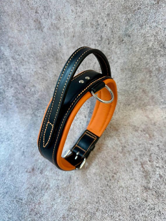 Leather dog collar with handle for large breeds, wide padded work collar, black leather with orange lining, stainless steel buckle