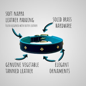 May include: A dark blue leather collar featuring soft nappa leather padding, solid brass hardware, and gold-toned cross-shaped ornaments. The text reads: SOFT NAPPA LEATHER PADDING, FLUSH ALIGNED WITH OUTER LEATHER, SOLID BRASS HARDWARE, GENUINE VEGETABLE TANNED LEATHER, ELEGANT ORNAMENTS.