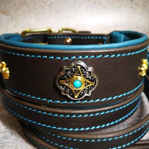 Pu&ograve; includere: Collare per cani in pelle marrone con dettagli e cuciture turchese. Il collare presenta un emblema decorativo argento e oro con una pietra turchese. &Egrave; visibile anche un guinzaglio abbinato.