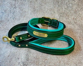 Personalized Forest Green Leather Dog Collar and Leash Set with Turquoise Padding, Solid Brass Buckle, Padded Dog Collar, Luxury Custom Gear