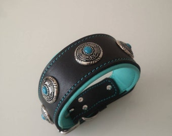 Mint Leather Dog Collar, 2 in padded collar for big dog, Luxury Leather Dog Collar, Turquoise Flower Decor Leather Collar, Custom Dog collar