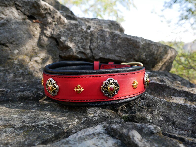 May include: A red leather dog collar with black lining and gold-coloured hardware. The collar is adorned with silver and gold-coloured decorative elements, including ornate medallions with red centre stones and smaller gold crosses.