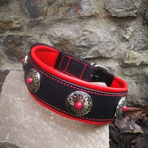 Red Leather Dog Collar with Red Stones Conchos Dog Collar Leather Padded Collar Red Leather Collar Designer Leather Dog collar Flower Concho