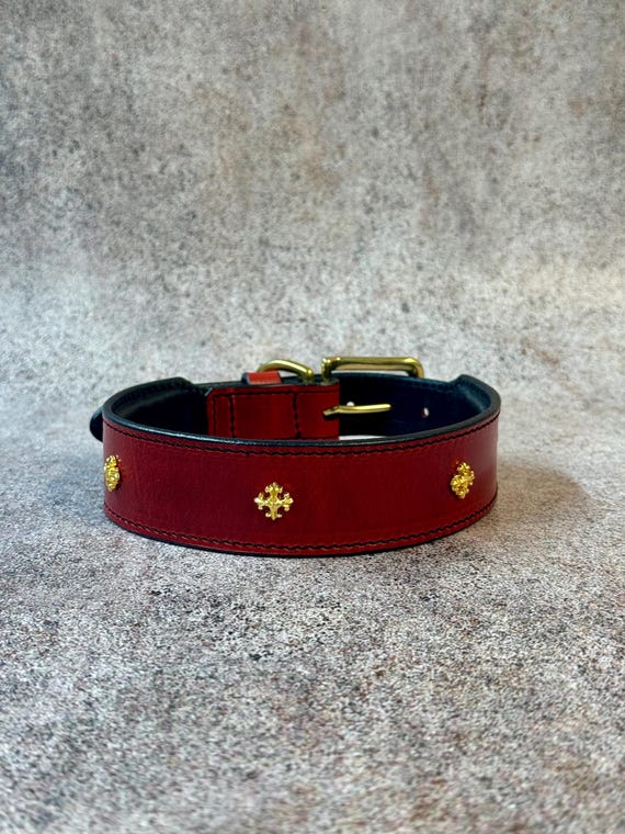 Luxury Red Italian Leather Dog Collar, Gold Studded Design, Soft Padded Lining, Solid Brass Hardware, Elegant Gear for Medium & Large Dogs