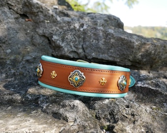 Turquoise Leather Dog Collar Wide Padded Collar with Ornaments and Brass Hardware, Large Dog Leather Collar Doberman, Great Dane, Shepherd