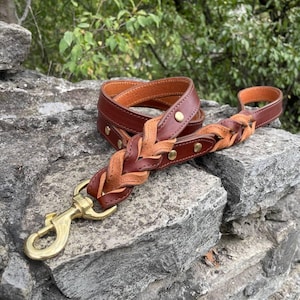 K&ouml;nnte beinhalten: Eine braune Hundeleine aus Leder mit geflochtenem Abschnitt und messingfarbener Hardware. Die Leine besteht aus zwei Braunt&ouml;nen und liegt auf einer Steinoberfl&auml;che. Sie hat einen Karabinerhaken zum einfachen Befestigen.