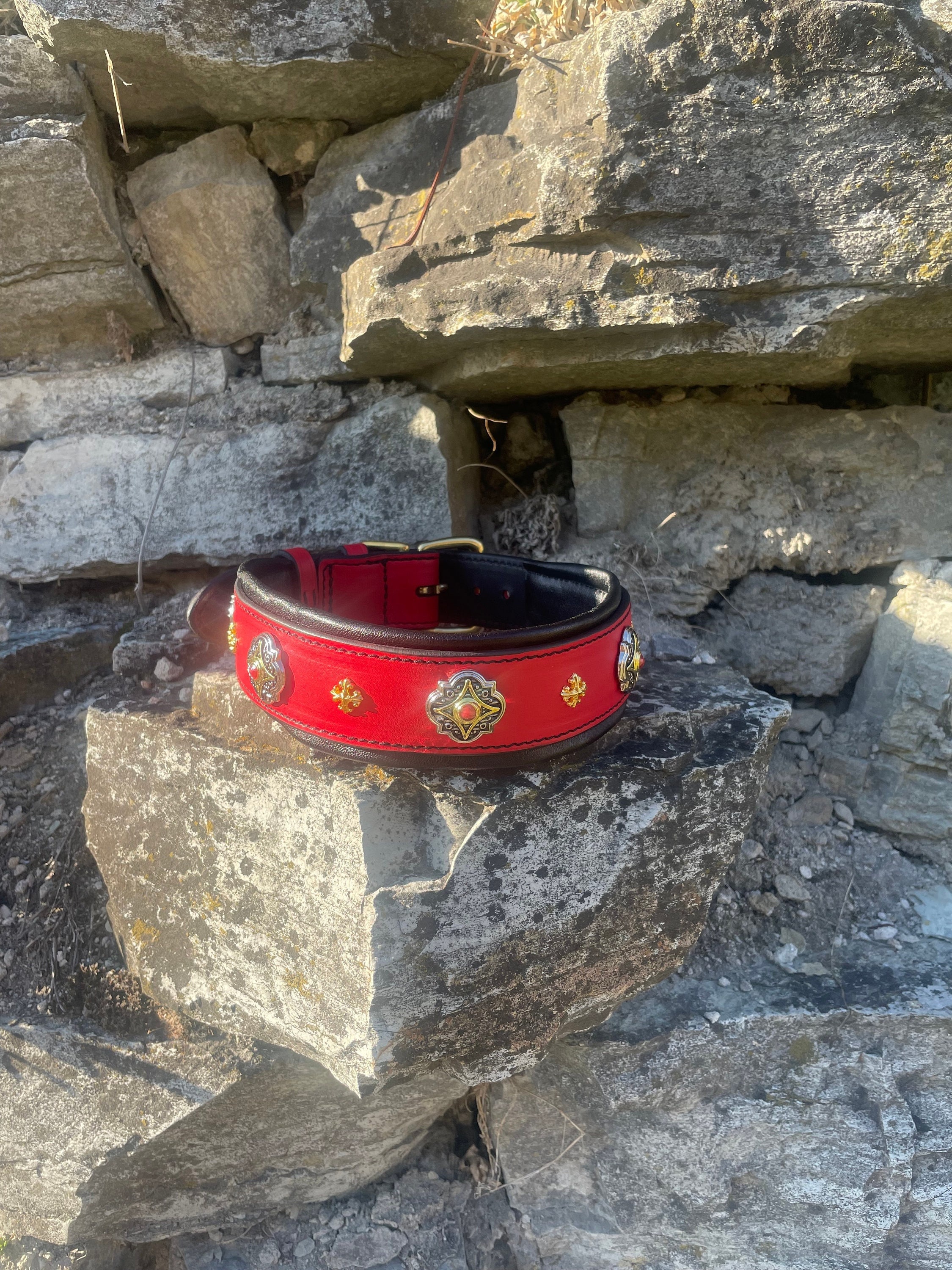Gorsuch Red Leather Dog Collar with Gold Accents Luxury Red Leather Dog Collar With Golden Decorations - Etsy main image 2