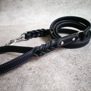 Purple Stitch Leather Dog Leash with Braiding, Braided Leather Leash for Dog, Custom Dog Leash, Handmade Leather Leash, 4 ft - 5 ft - 6 foot