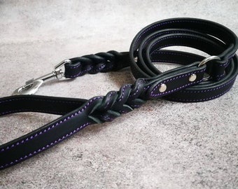 Purple Stitch Leather Dog Leash with Braiding, Braided Leather Leash for Dog, Custom Dog Leash, Handmade Leather Leash, 4 ft - 5 ft