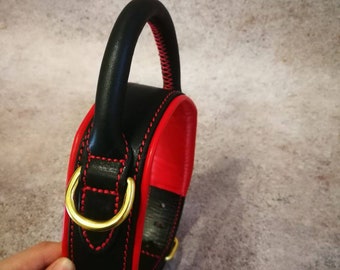 Round Handle Black Leather Dog Collar with Red Padding and brass hardware