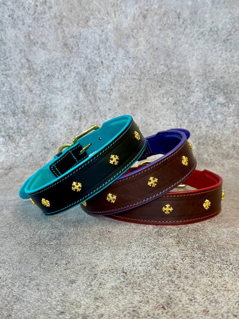 May include: Three leather collars featuring gold-tone cross-shaped studs. The first is black with a turquoise interior, the second is dark brown with a purple interior, and the third is dark brown with a red interior, each with a metal buckle.