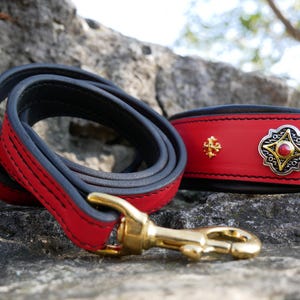 May include: A red and black leather dog collar and lead set. The lead is coiled, with a gold-coloured clasp. The collar is red with gold and silver embellishments. The set is designed for a pet.